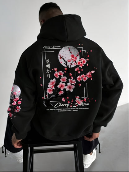 Cherry Blossom Print Fleece-Lined Hoodie