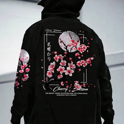 Cherry Blossom Print Fleece-Lined Hoodie