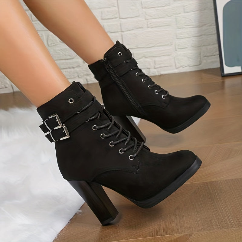 Elegant Brown Lace-Up Block Heel Ankle Boots