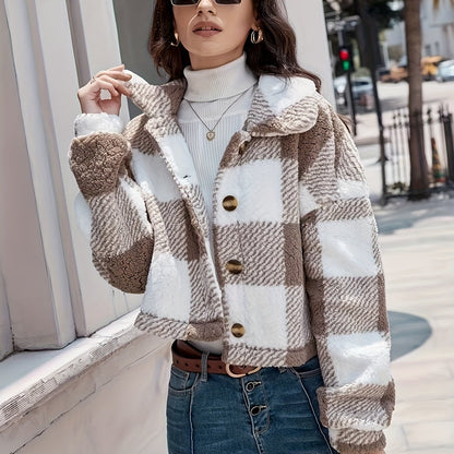 Plaid Pattern Button Front Teddy Coat