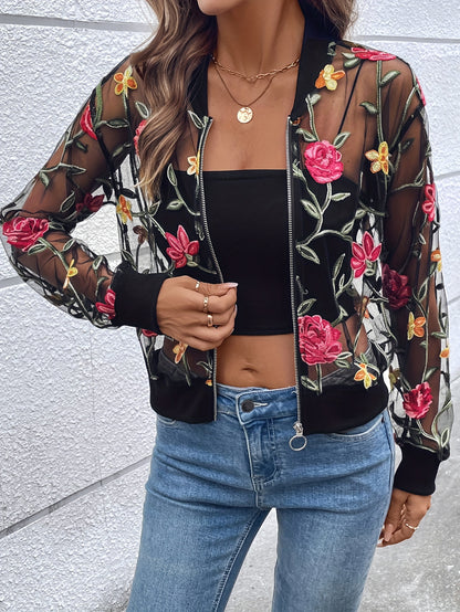 Floral Embroidered Full Zipper Jacket