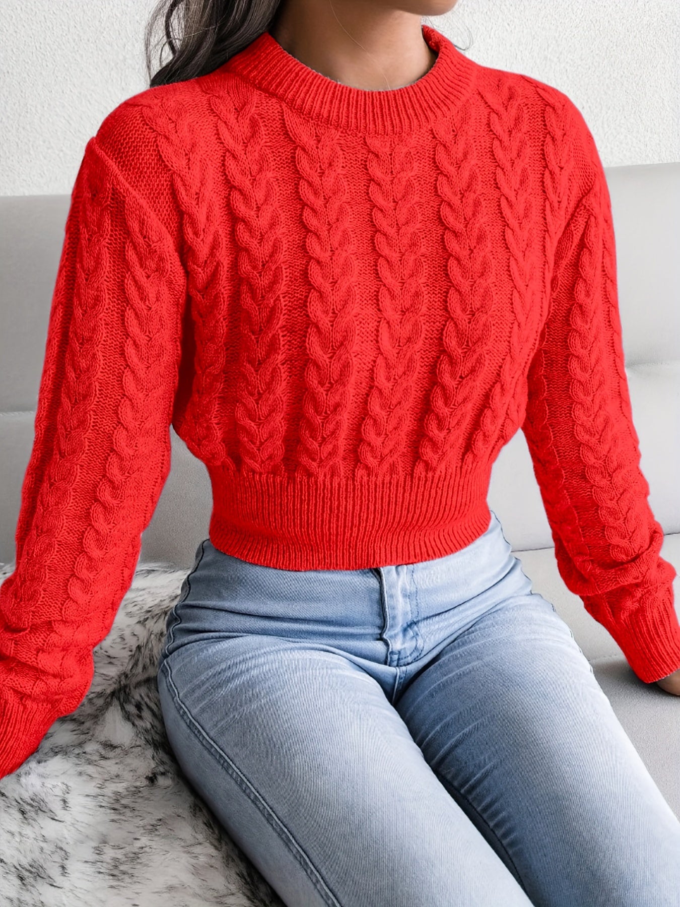 Solid Crew Neck Cable Knit Sweater