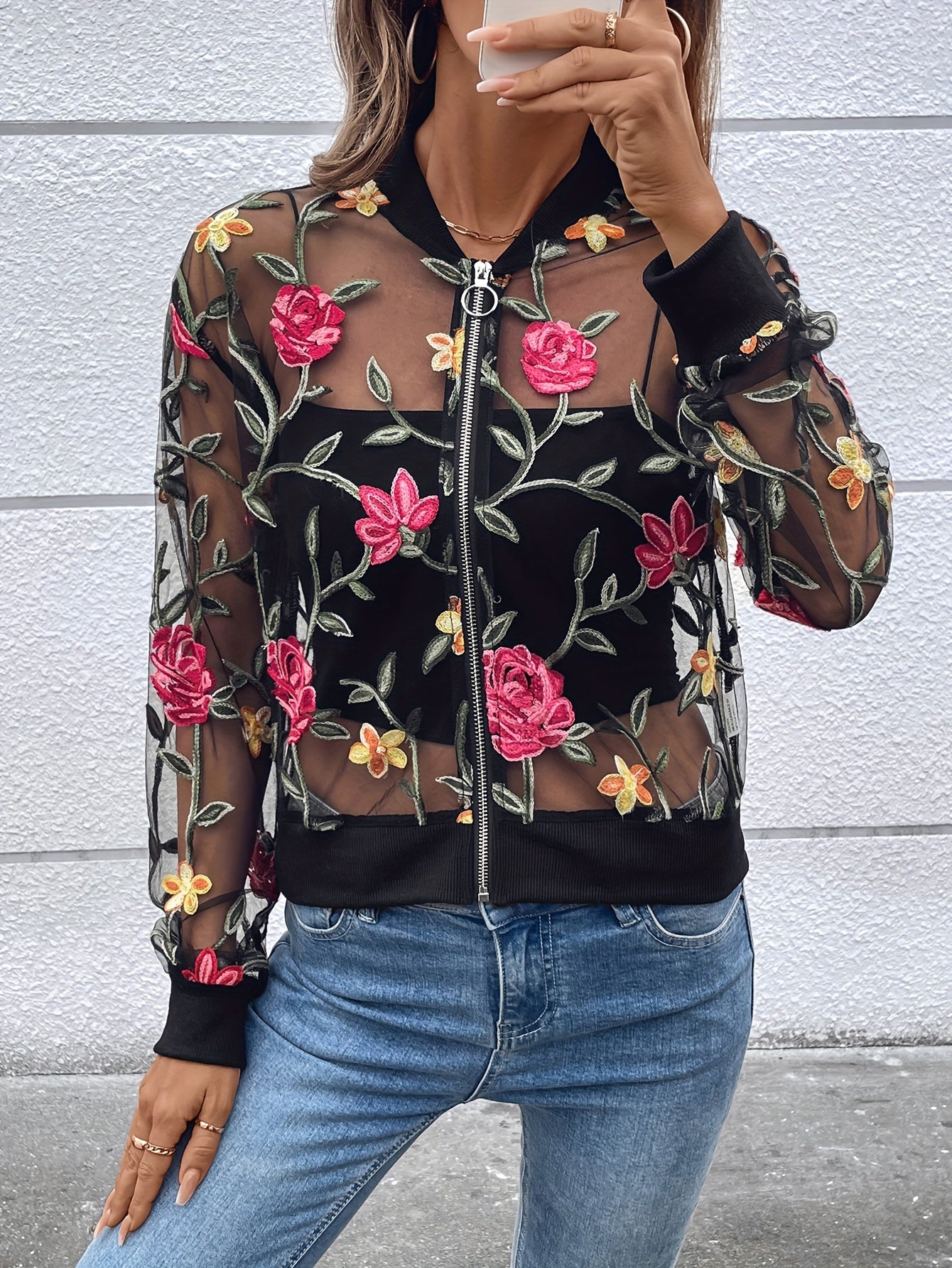 Floral Embroidered Full Zipper Jacket