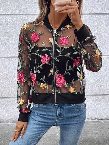 Floral Embroidered Full Zipper Jacket