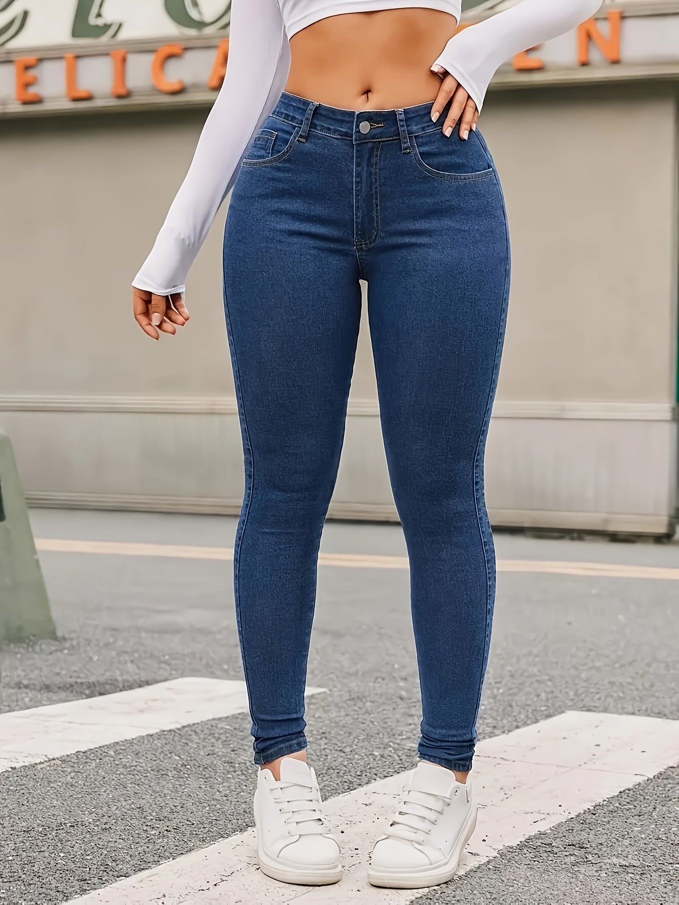 High-Waist Stretch Denim Jeans in Deep Blue