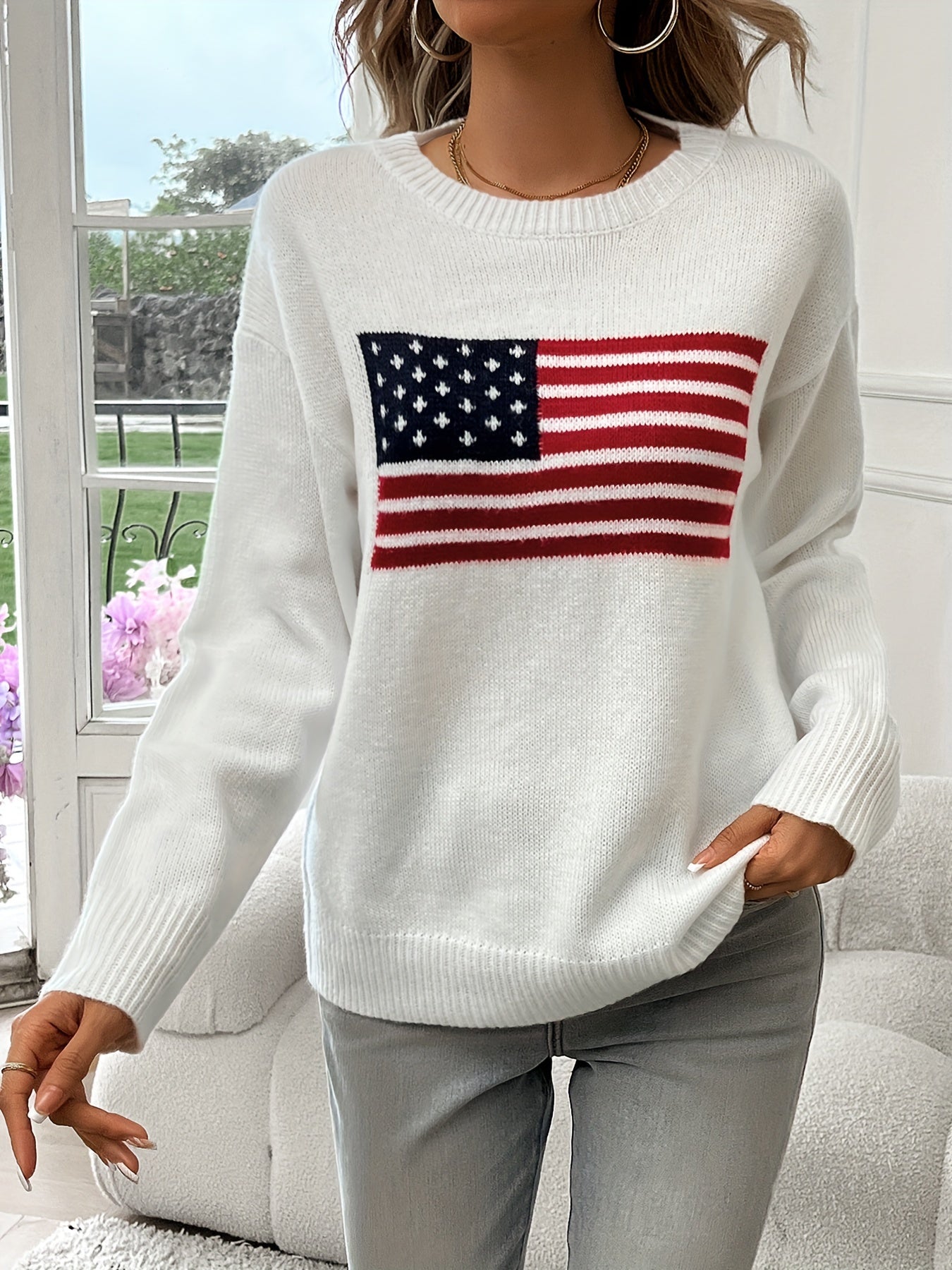 American Flag Pattern Crew Neck Sweater