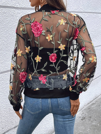 Floral Embroidered Full Zipper Jacket