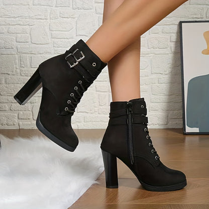 Elegant Brown Lace-Up Block Heel Ankle Boots