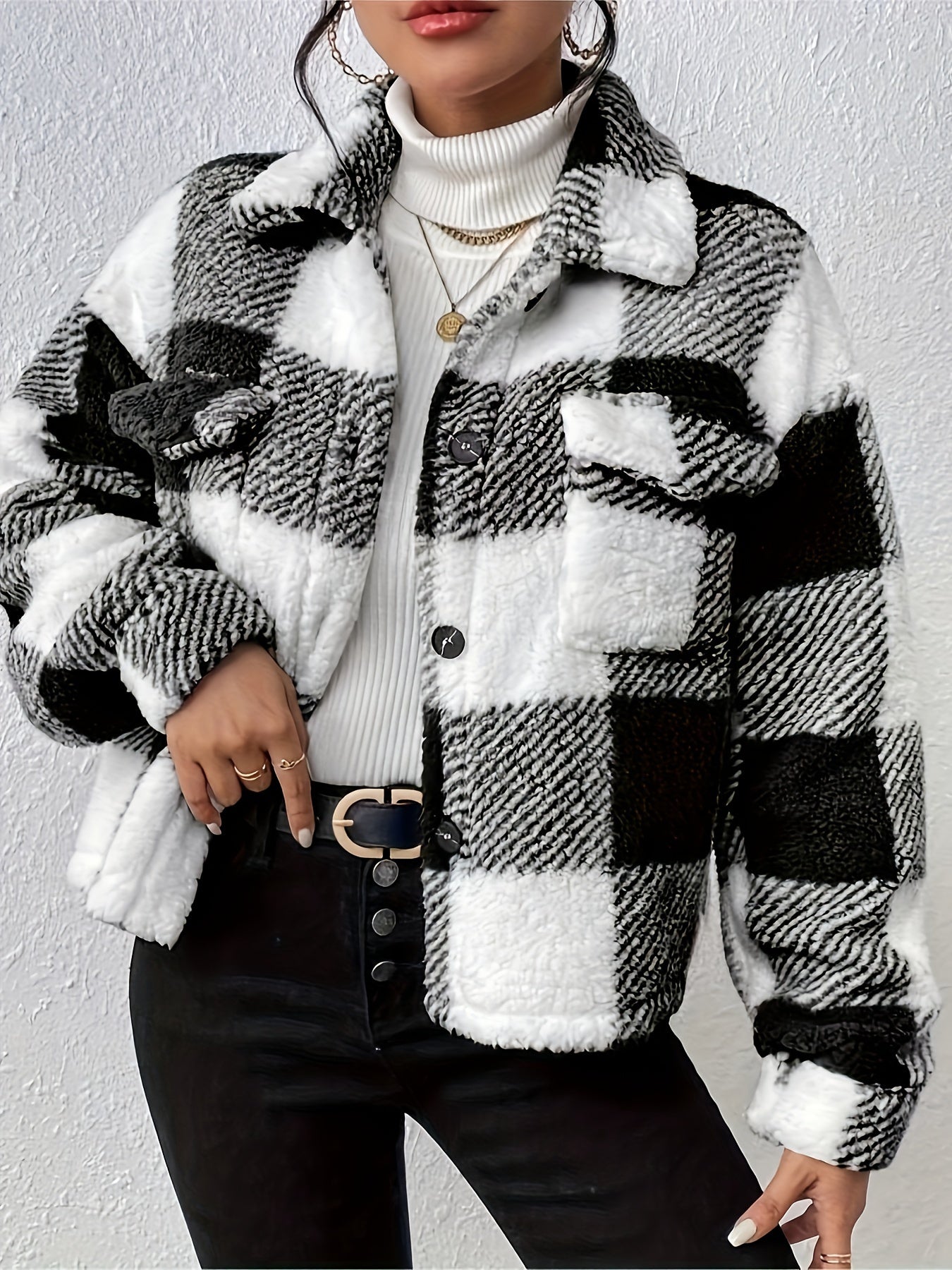 Plaid Button Front Teddy Coat