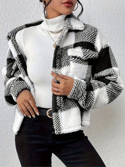 Plaid Button Front Teddy Coat