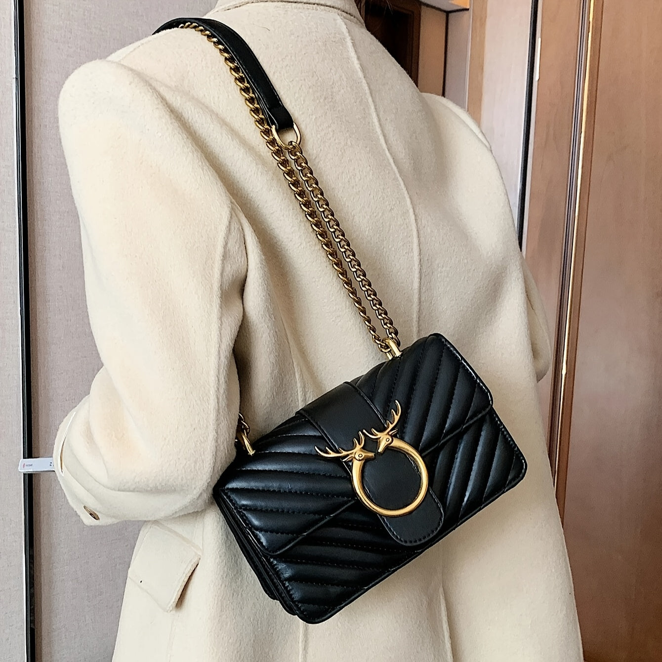 Elegant Faux Leather Chevron Shoulder Bag