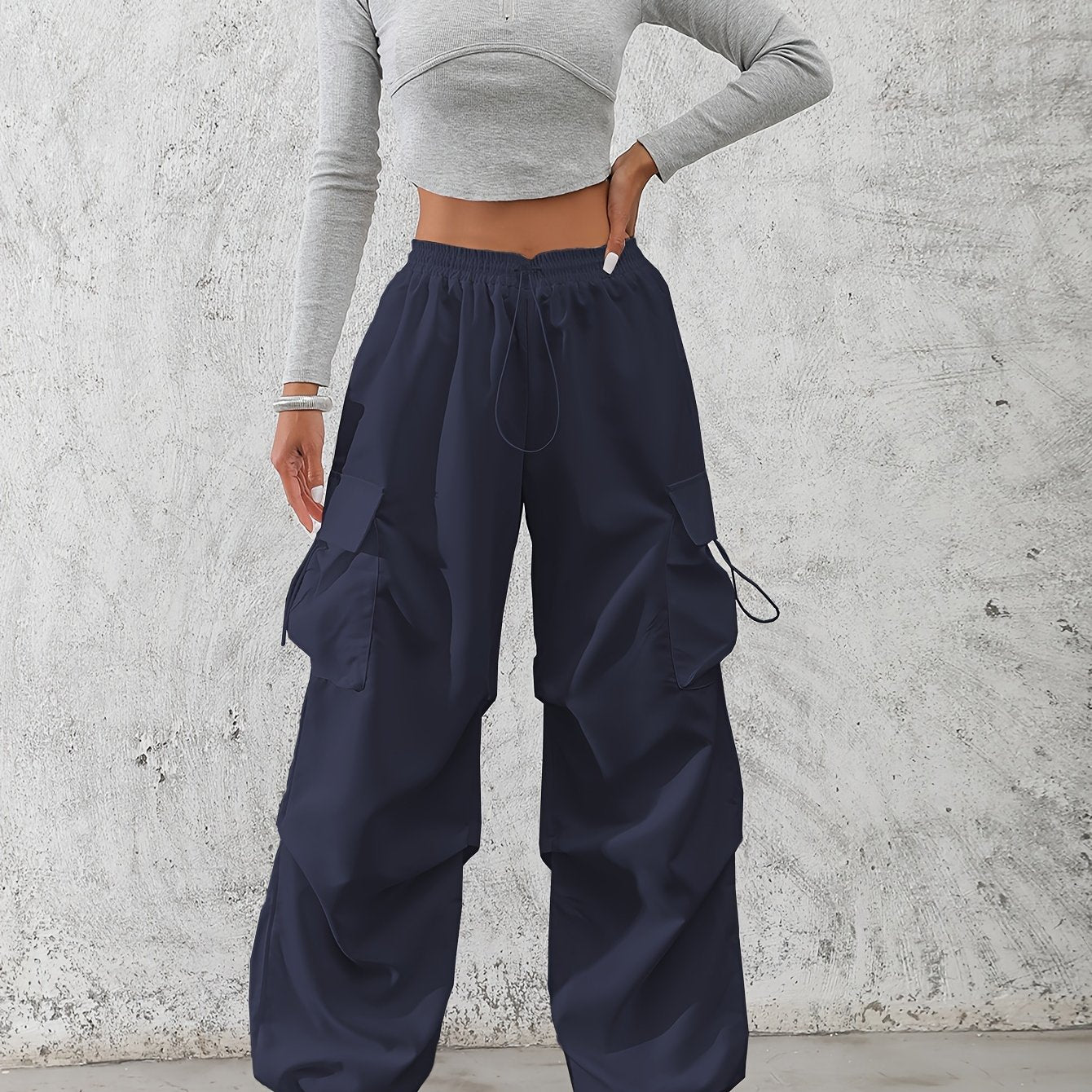 Solid Color Drawstring Baggy Cargo Pants