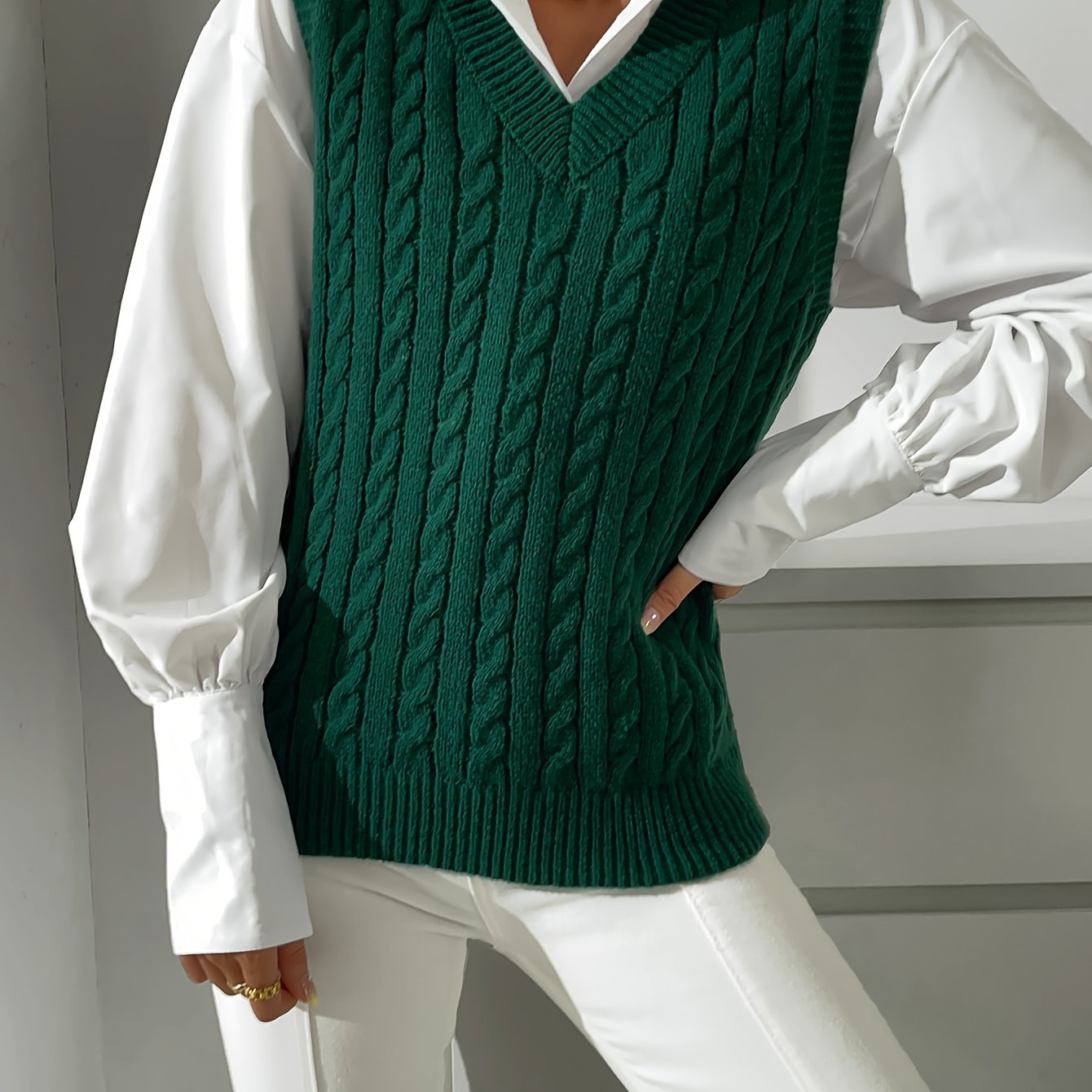 Cable Knit Ribbed V Neck Vest