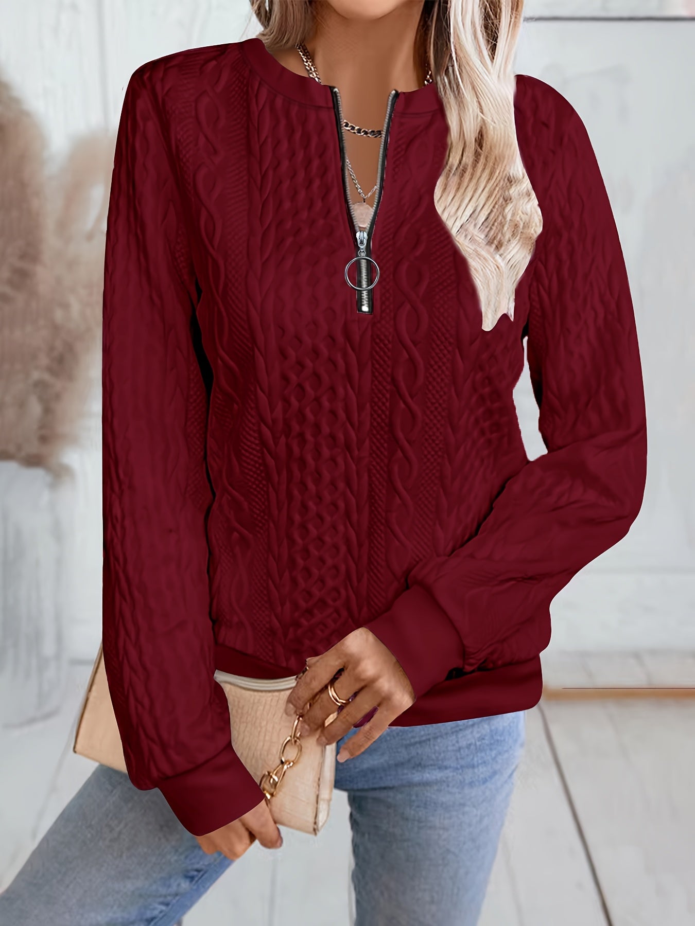 Textured Zipper Pullover Sweatshirt