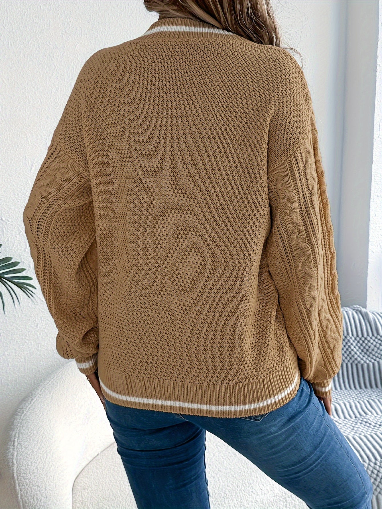 Acrylic V-Neck Cable Knit Sweater