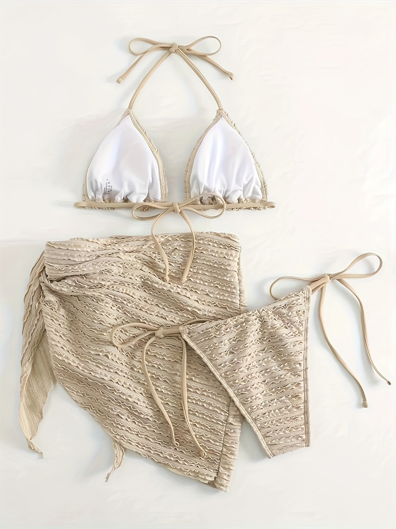 Plain Textured Fabric 3 Piece Bikini Set