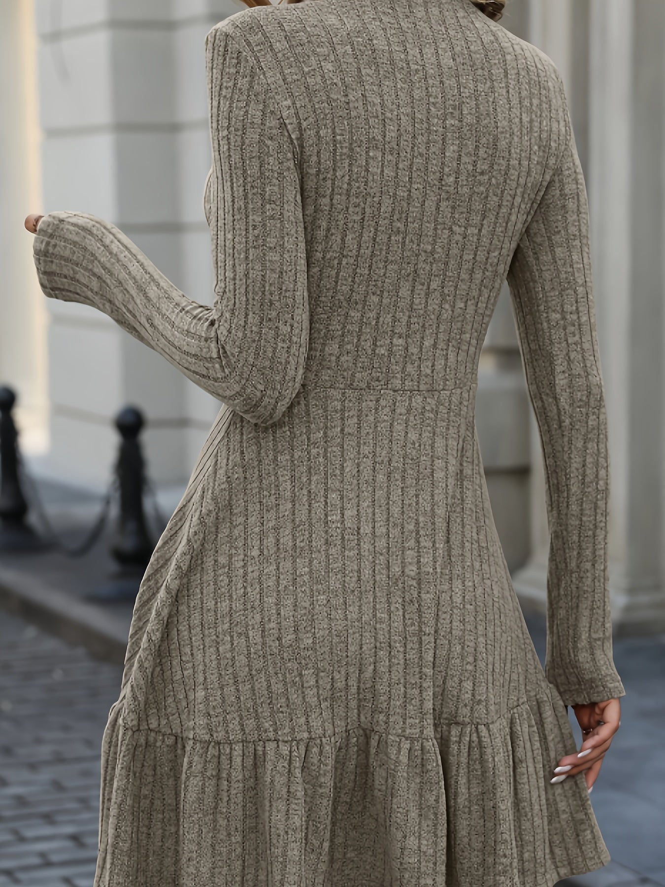 Ruffle Hem Ribbed Long Sleeve Dress