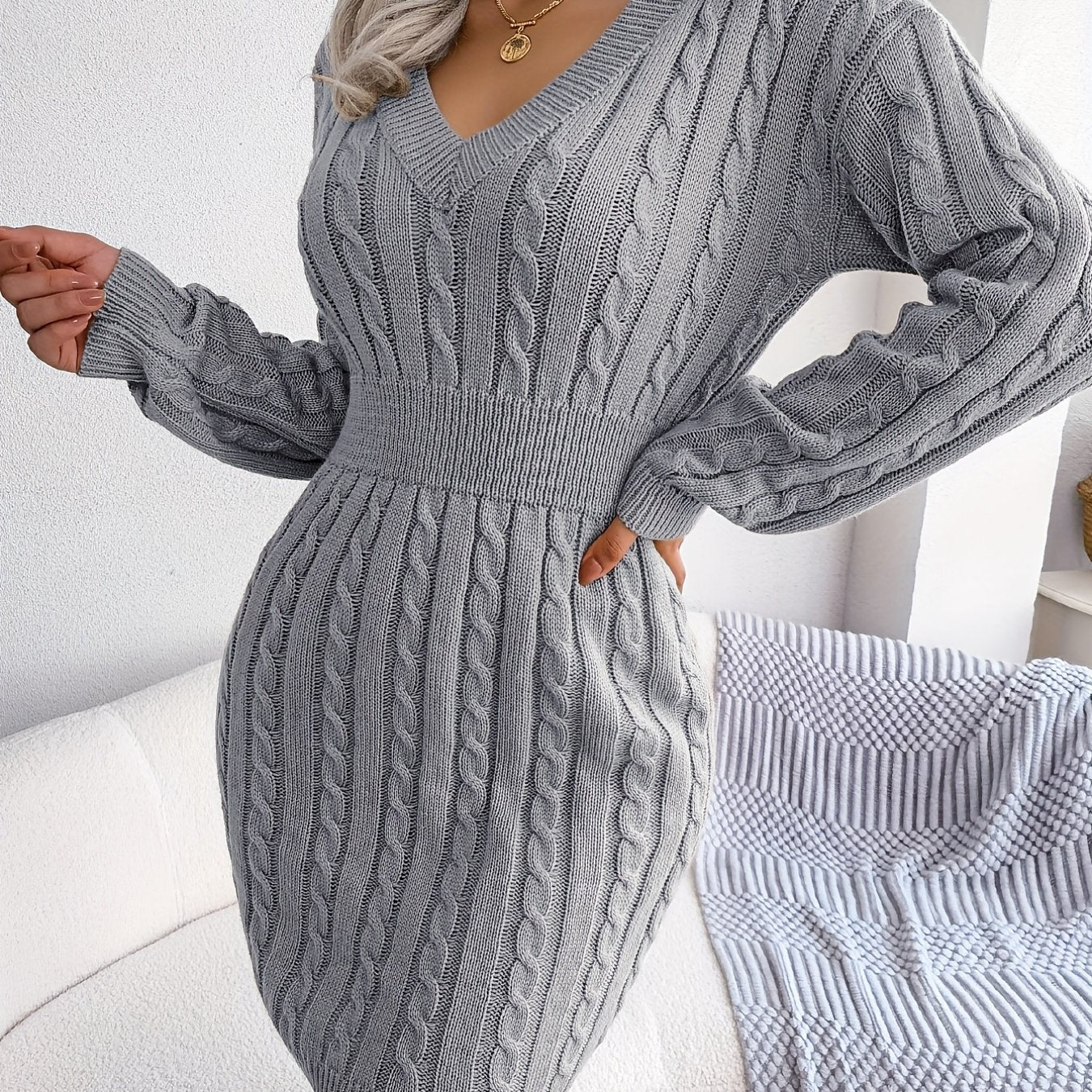 Solid Color Waist Twist Sweater Dress